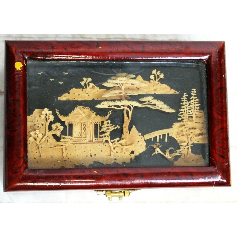 Chinese Lacquered Shadow Box Jewelry 3D Scenery Trees Home Lotus Flower Lined